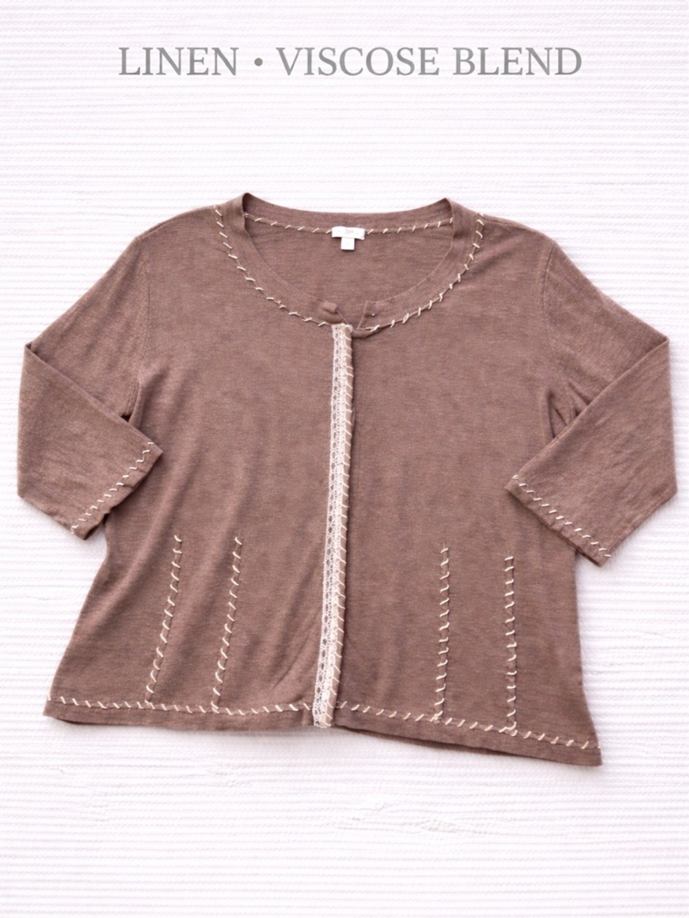 J. Jill Linen Blend Cardigan L Brown Whipstitch Lace Trim Button Front